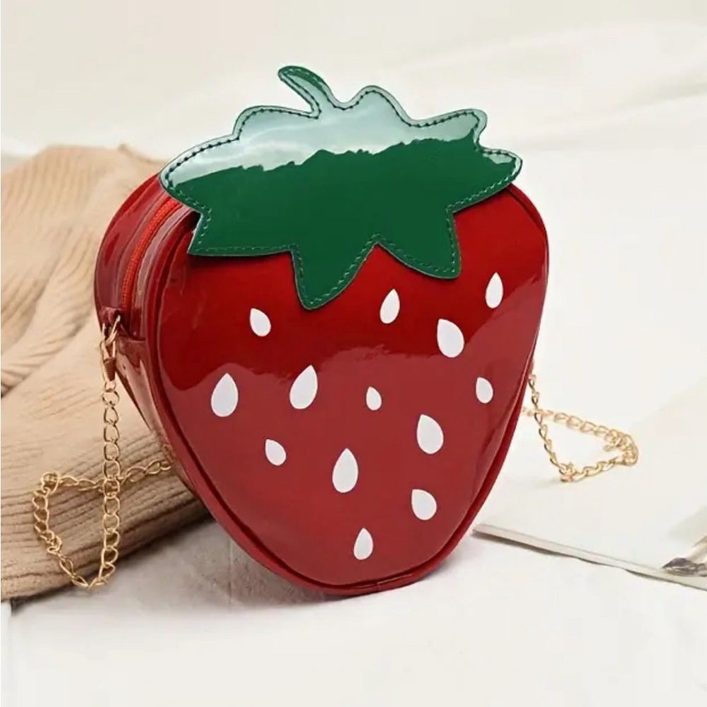 Red Patent Leather, Zipper Closure, Detachable Chain Strap, strawberry design